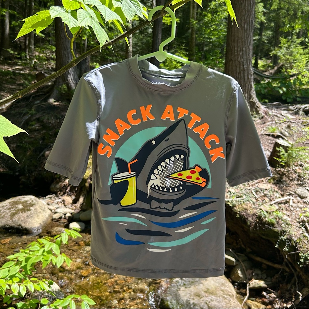 Shark Snack Attack Rash Guard Boys UPF Swim Top XS (4/5) Gray Pizza Cat & Jack